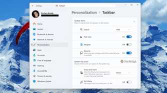 Screenshot of Windows 11's settings and the option to remove the Widgets board from the Taskbar.
