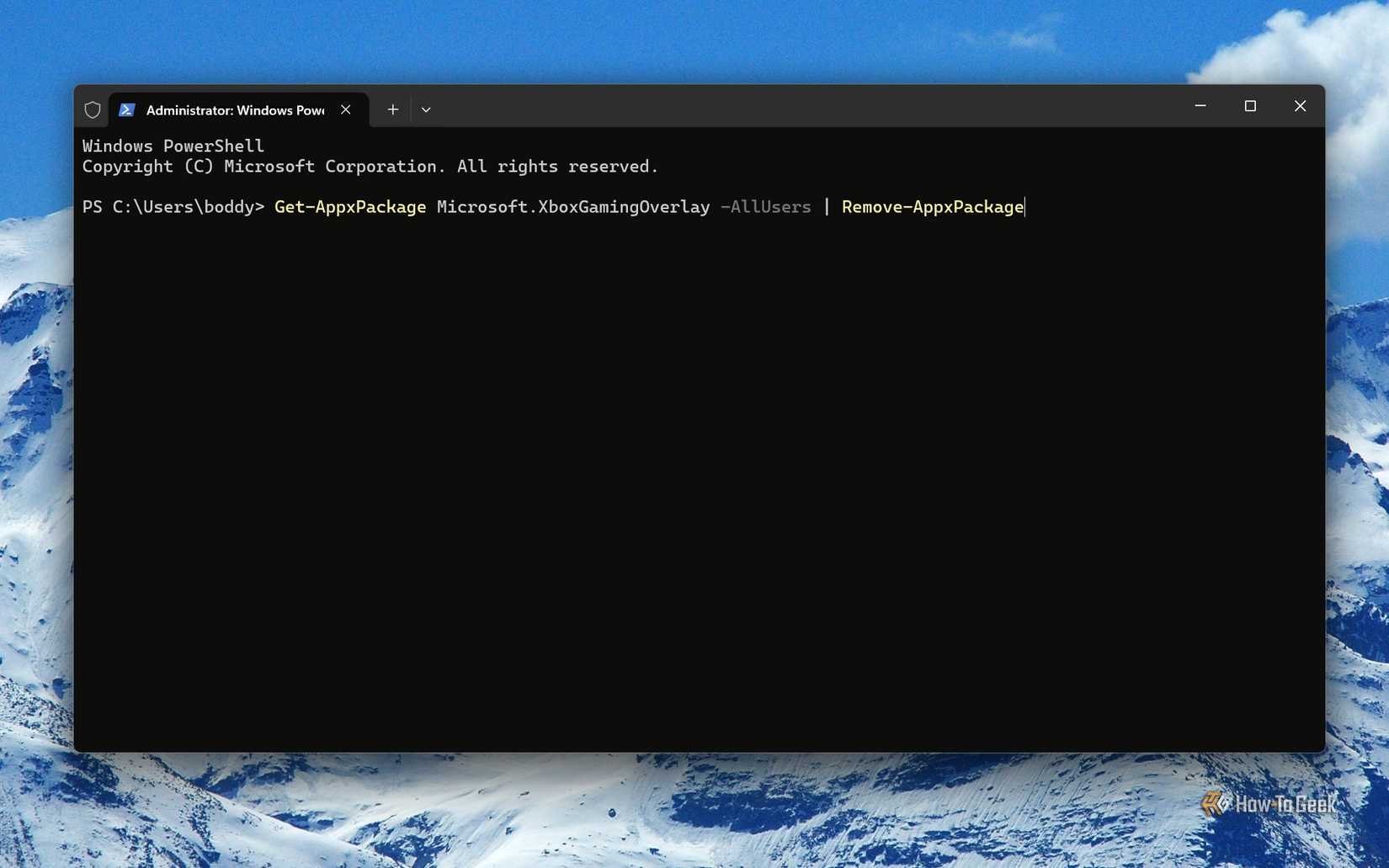 Screenshot of Windows 11's Terminal with the command to uninstall XBOX Game Bar.