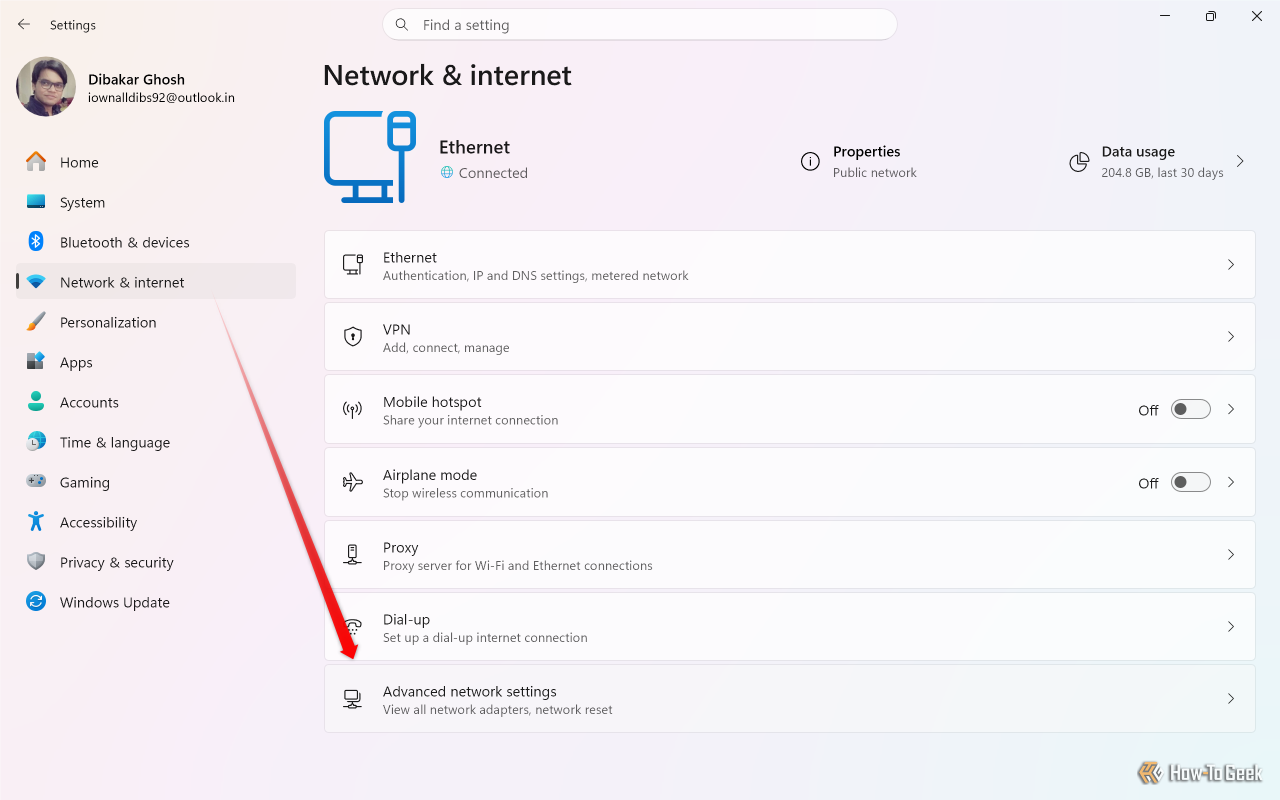 Windows 11 Network & internet settings showing Ethernet connected with 204.8 GB data usage in the last 30 days.-1