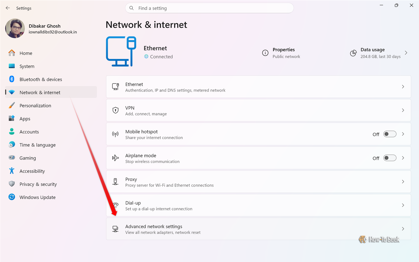 Windows 11 Network & internet settings showing Ethernet connected with 204.8 GB data usage in the last 30 days.-1