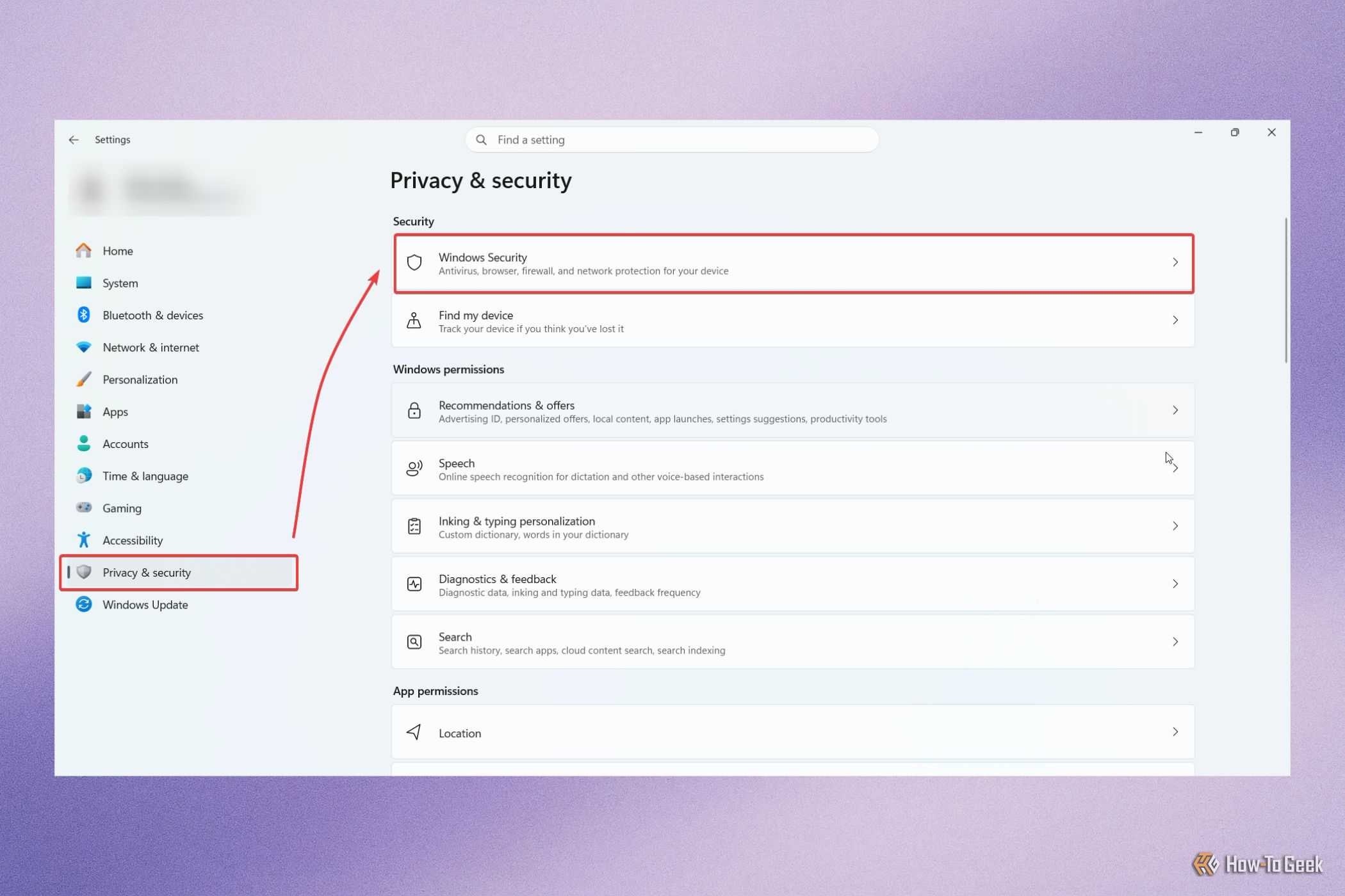 Selecting Windows Privacy and security from Windows settings.