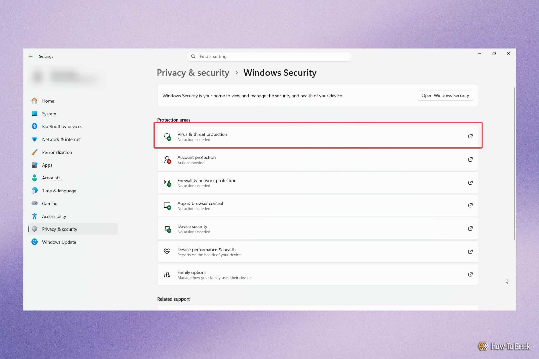 Windows Security Virus and threat protection menu.