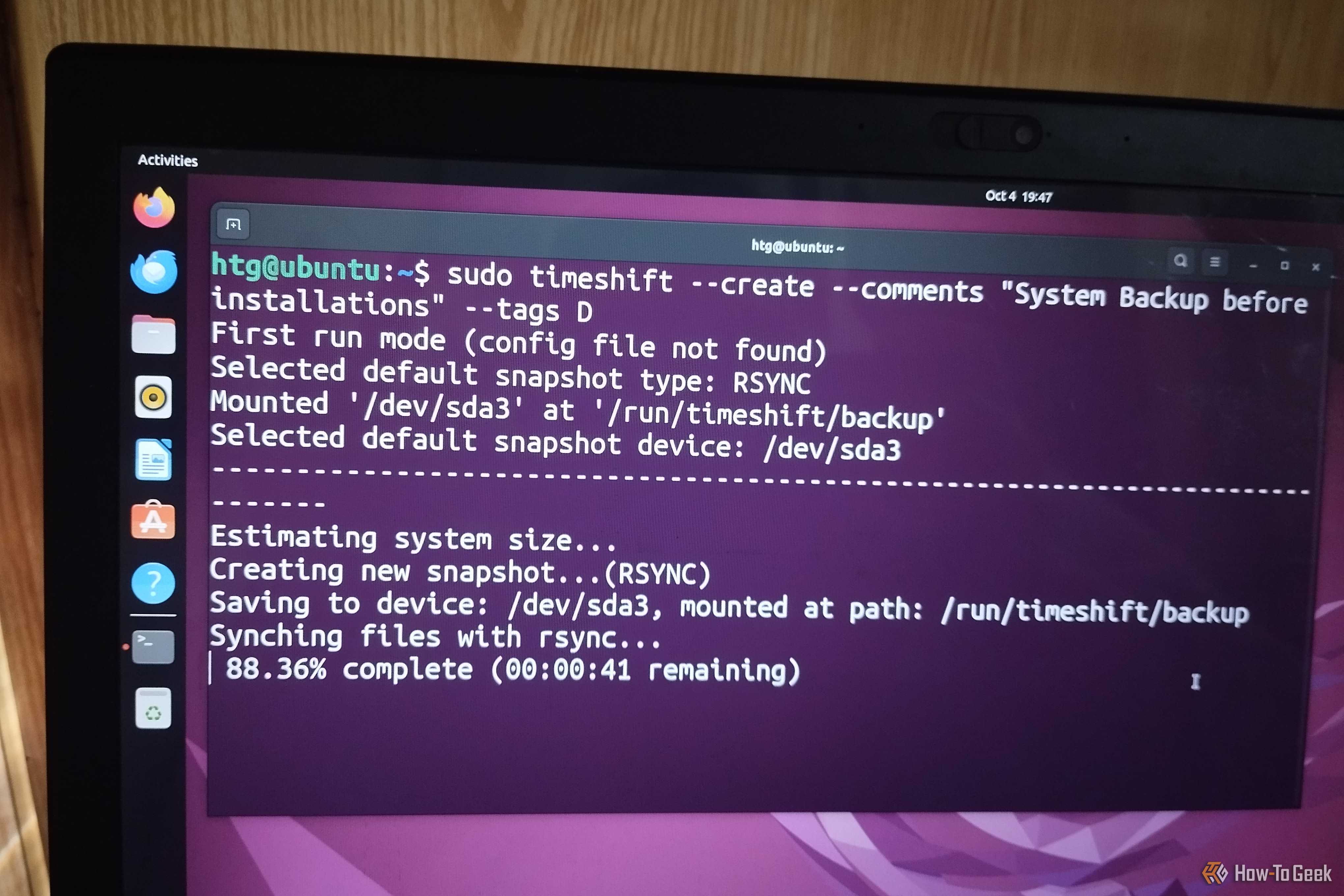 The Ubuntu terminal running a timeshift command to create a system backup for safety purposes.