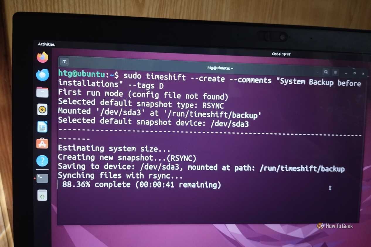 The Ubuntu terminal running a timeshift command to create a system backup for safety purposes.