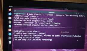 The Ubuntu terminal running a timeshift command to create a system backup for safety purposes.