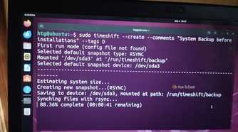 The Ubuntu terminal running a timeshift command to create a system backup for safety purposes.