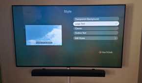 The Apple TV app is showing subtitle options to change styles with large text selected.