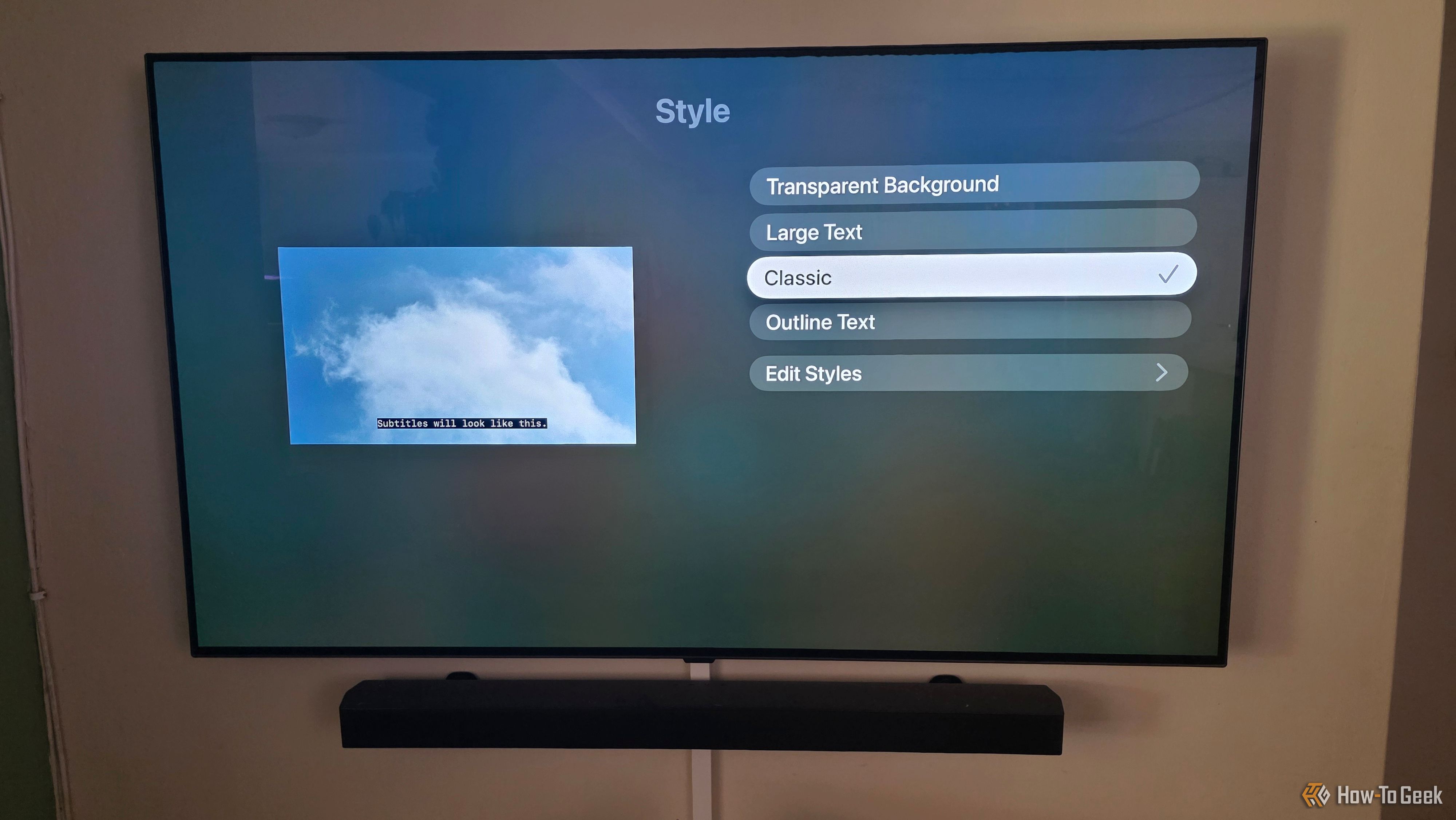 The Apple TV app is showing subtitle options to change styles with classic style selected.