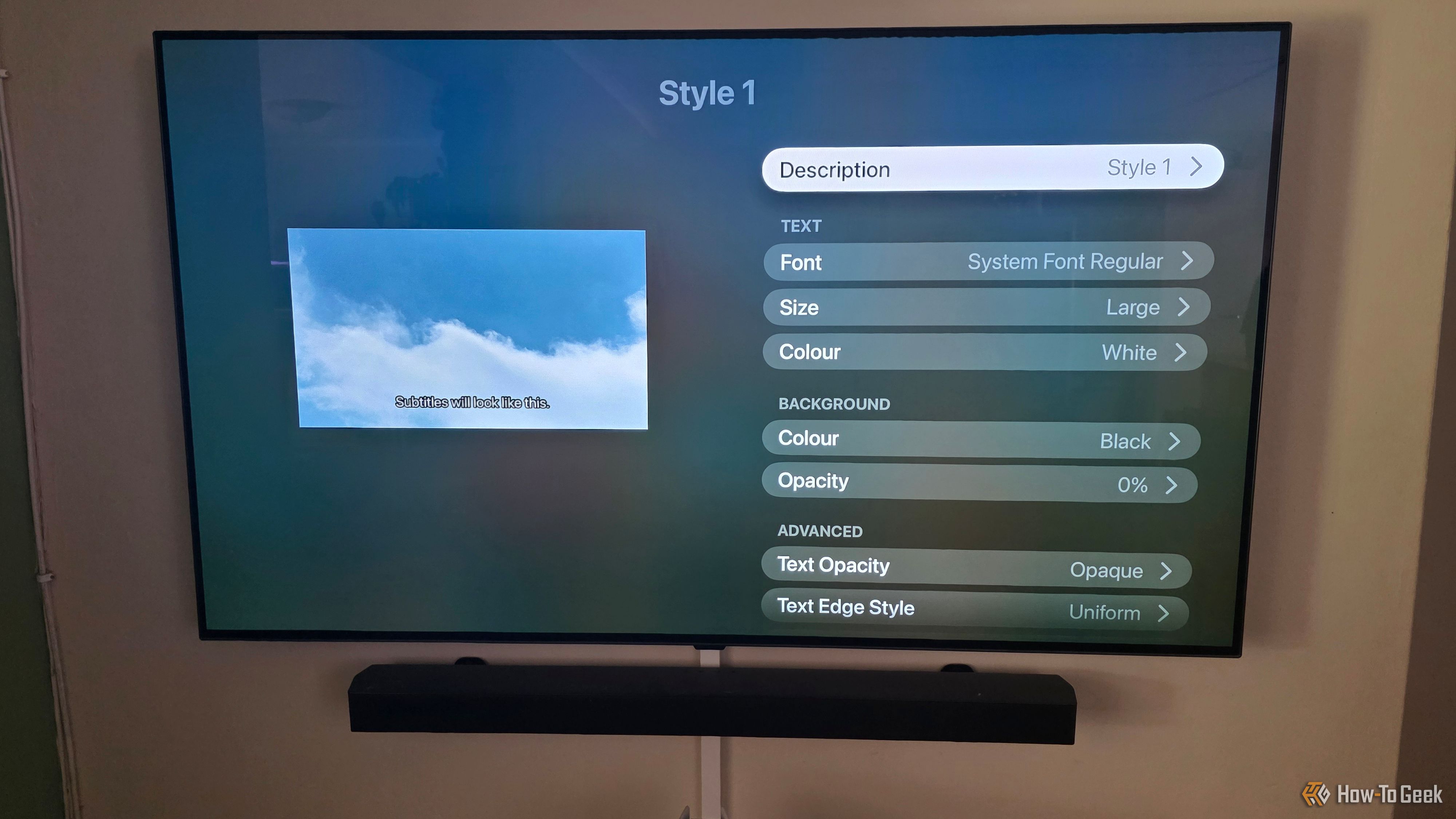 The Apple TV app is showing subtitle options to change styles with custom options displayed.