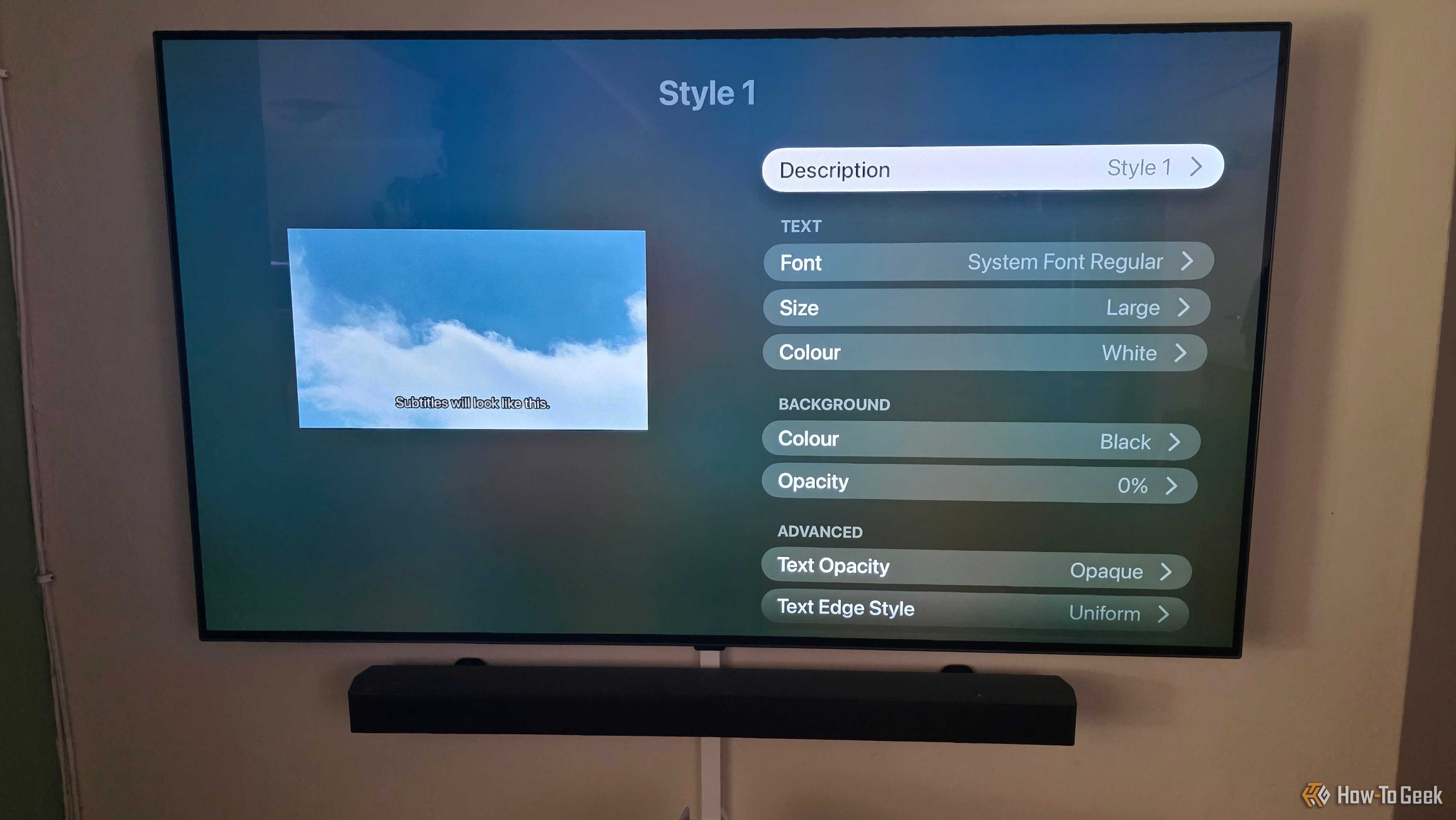 The Apple TV app is showing subtitle options to change styles with custom options displayed.