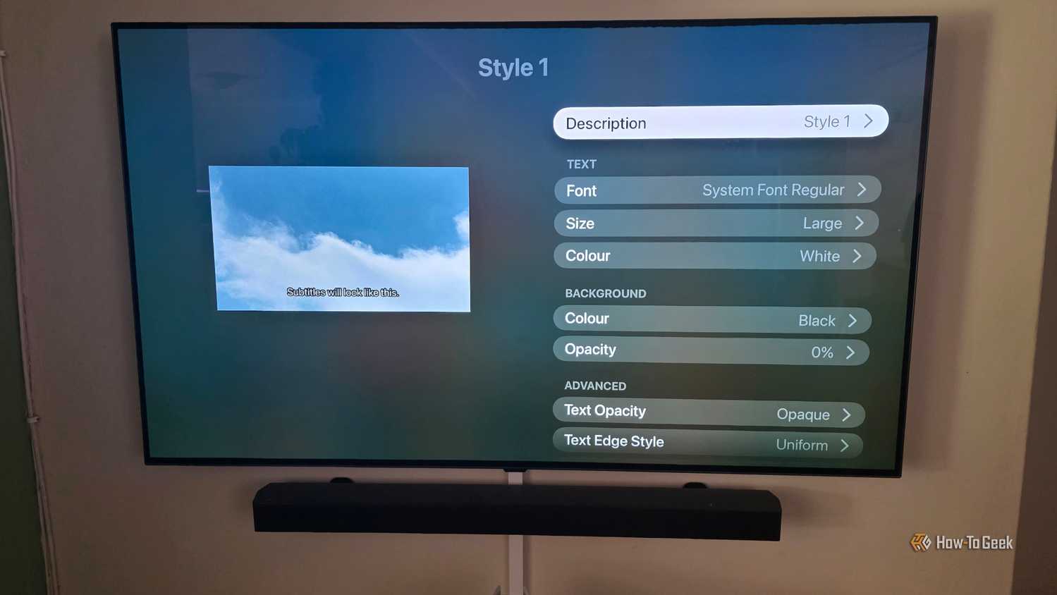 The Apple TV app is showing subtitle options to change styles with custom options displayed.