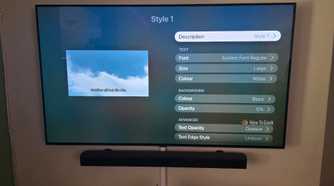 The Apple TV app is showing subtitle options to change styles with custom options displayed.