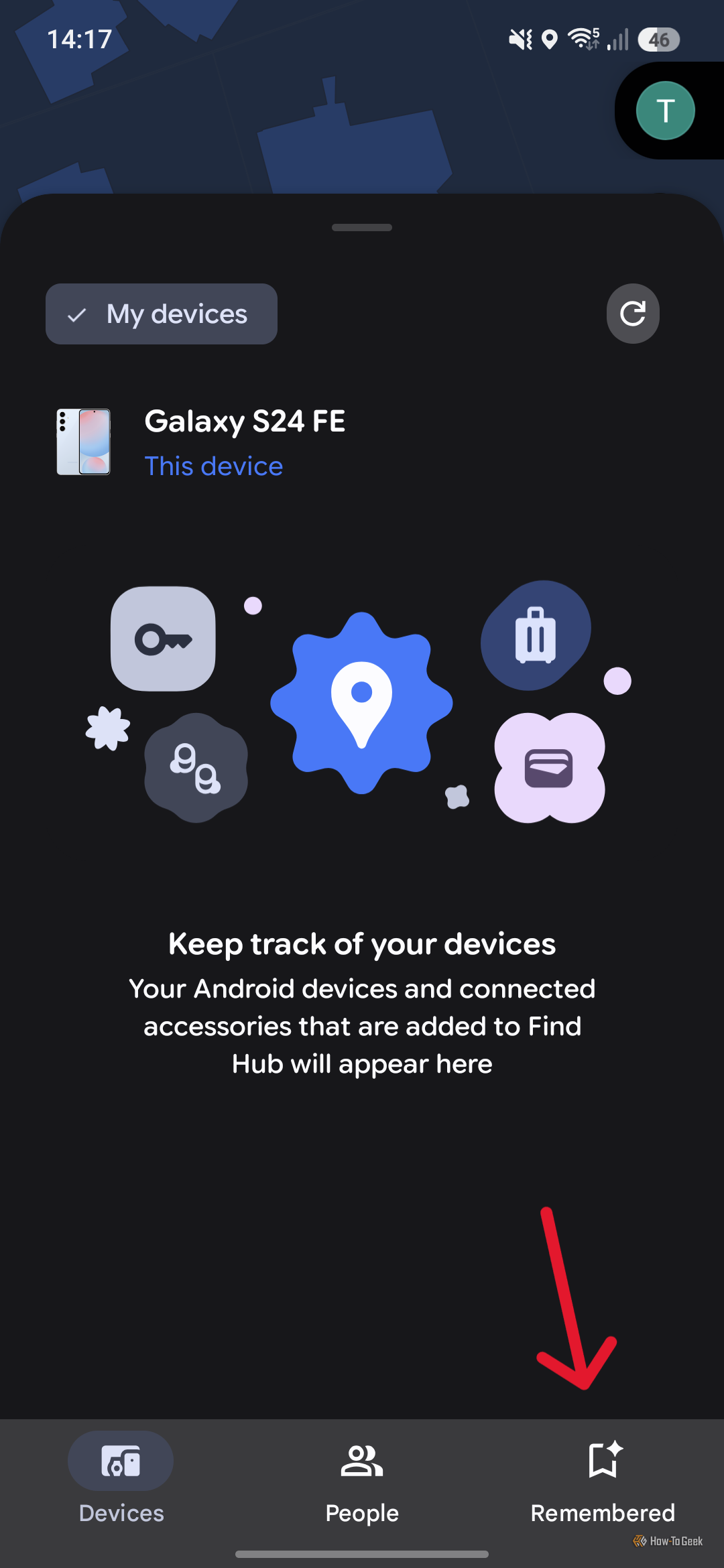 Screenshot of Find Hub with an arrow pointing to 'Remembered'.