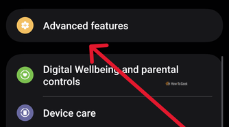 Screenshot of settings menu on a Samsung Galaxy with an arrow pointing to 'Advanced features'.