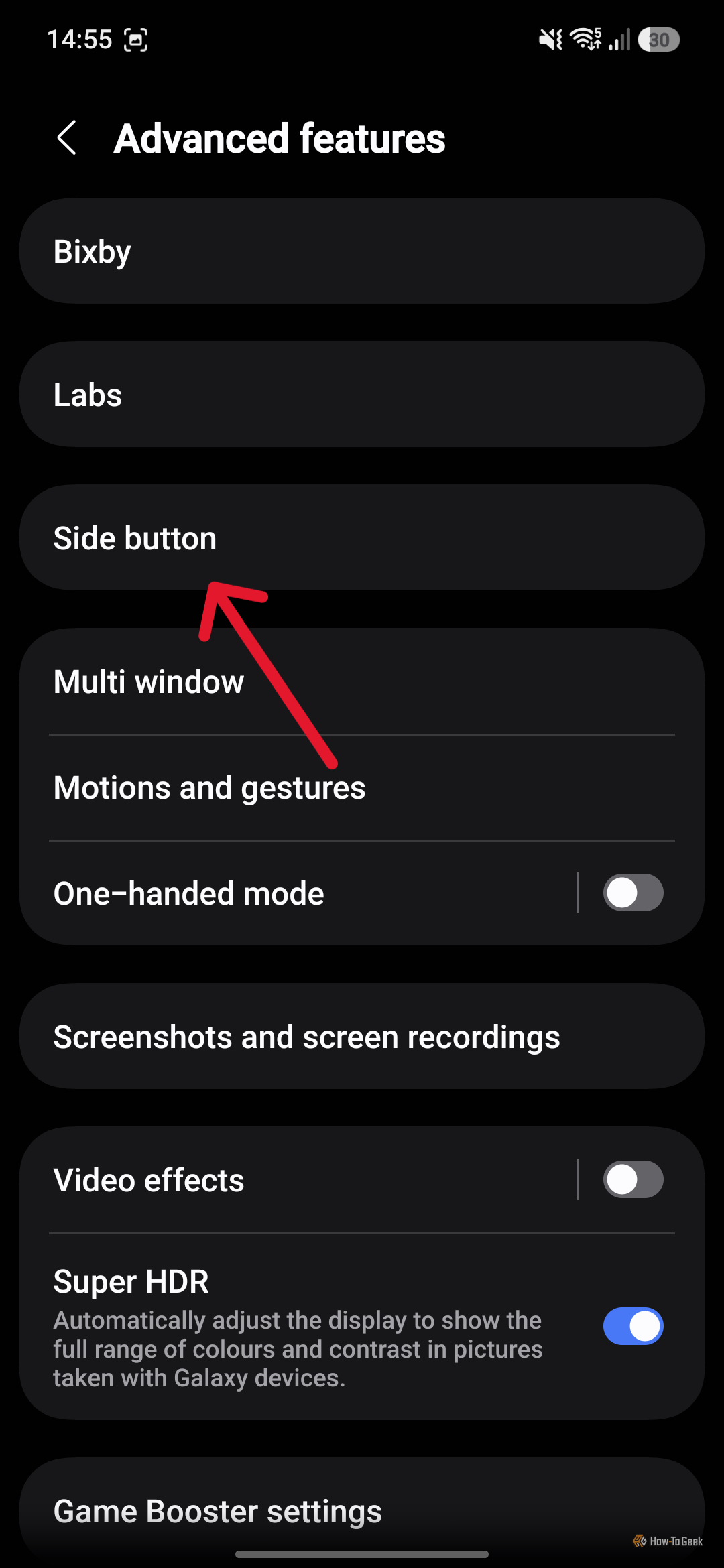 Screenshot of advanced settings menu on a Samsung Galaxy with an arrow pointing to 'Side button'.