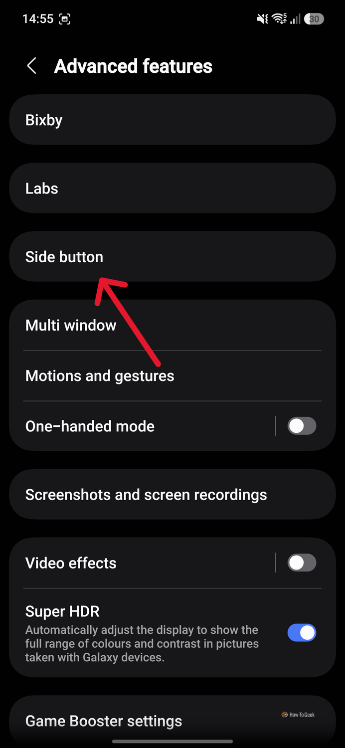 Screenshot of advanced settings menu on a Samsung Galaxy with an arrow pointing to 'Side button'.