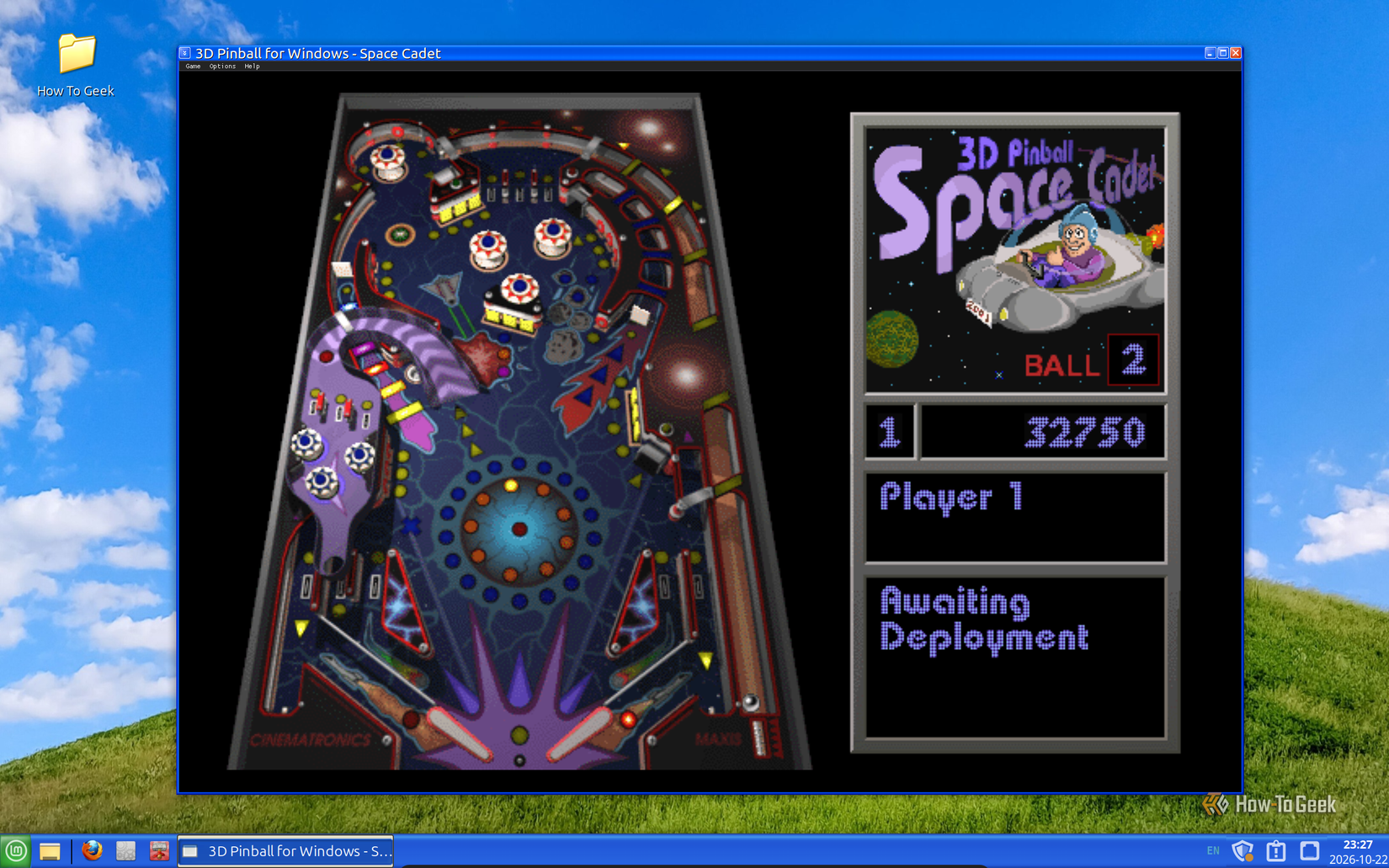 3D Pinball for Windows Space Cadet running on Linux Mint with ball 2 in play and a score of 32750.