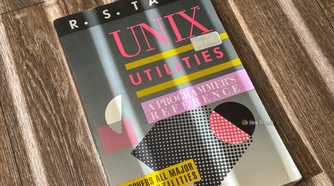 A book titled UNIX Utilities by R. S. Tare, featuring a vintage design with geometric shapes.
