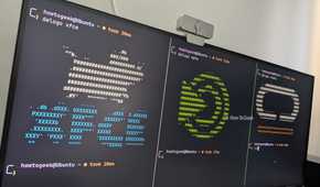 A full screen Linux terminal on an ultrawide monitor split three ways showing logos for Xfce, MATE, and COSMIC desktop environments.