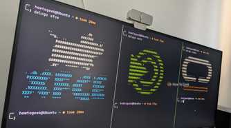 A full screen Linux terminal on an ultrawide monitor split three ways showing logos for Xfce, MATE, and COSMIC desktop environments.