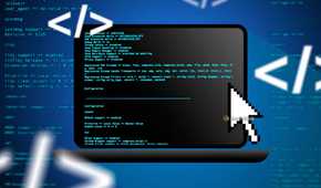 A laptop with some code on the screen and a mouse cursor.