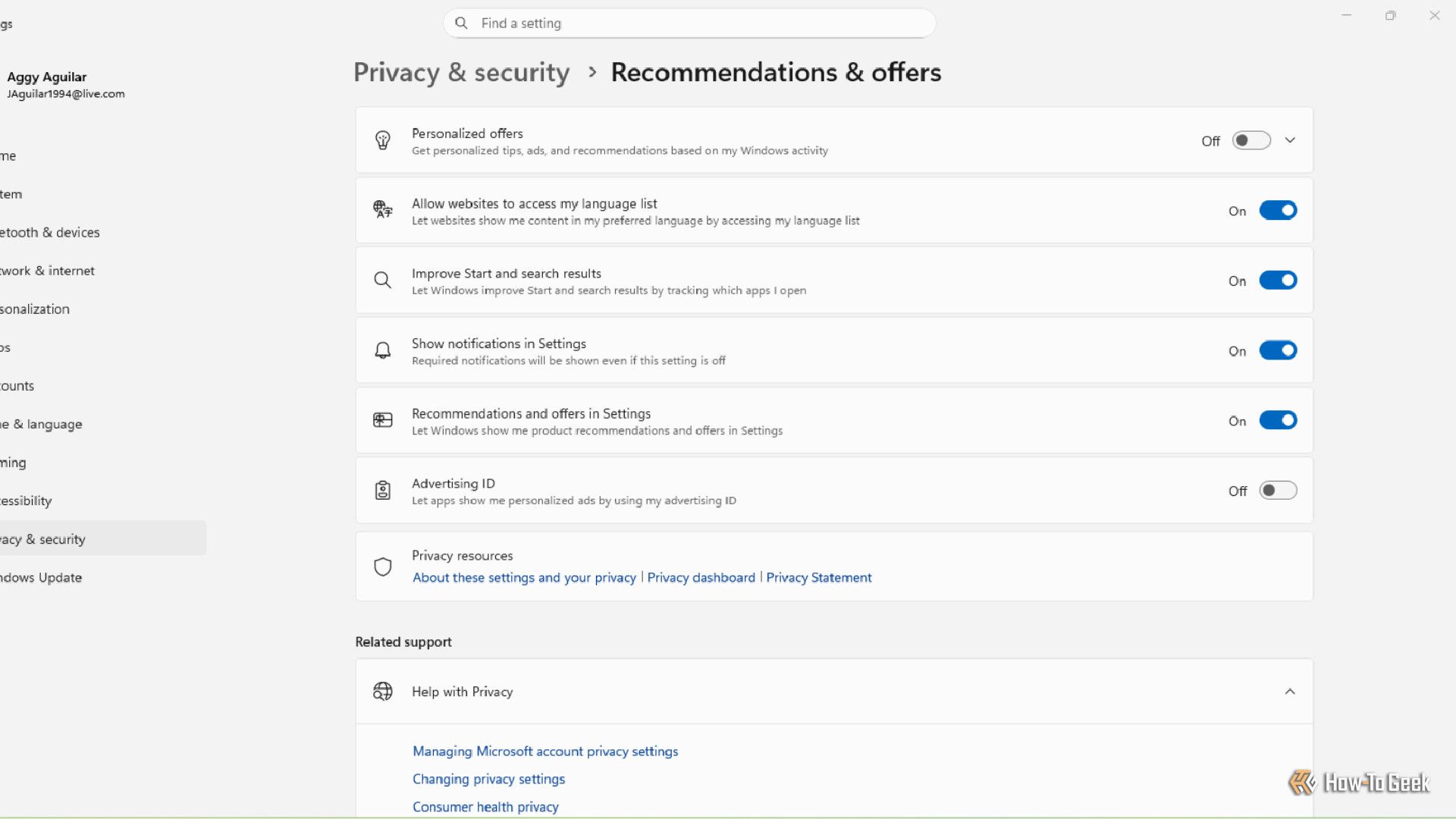 A Windows 11 user going to the settings and then Privacy and Security and then Recommendations and Offers.