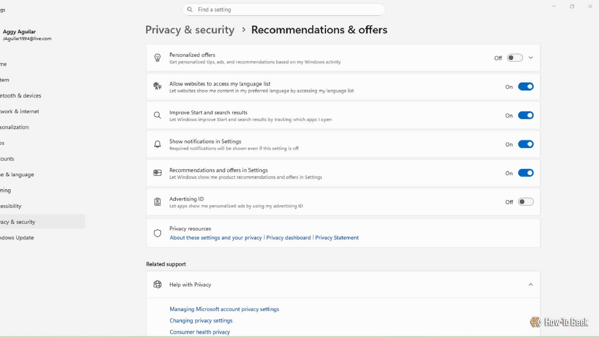 A Windows 11 user going to the settings and then Privacy and Security and then Recommendations and Offers.