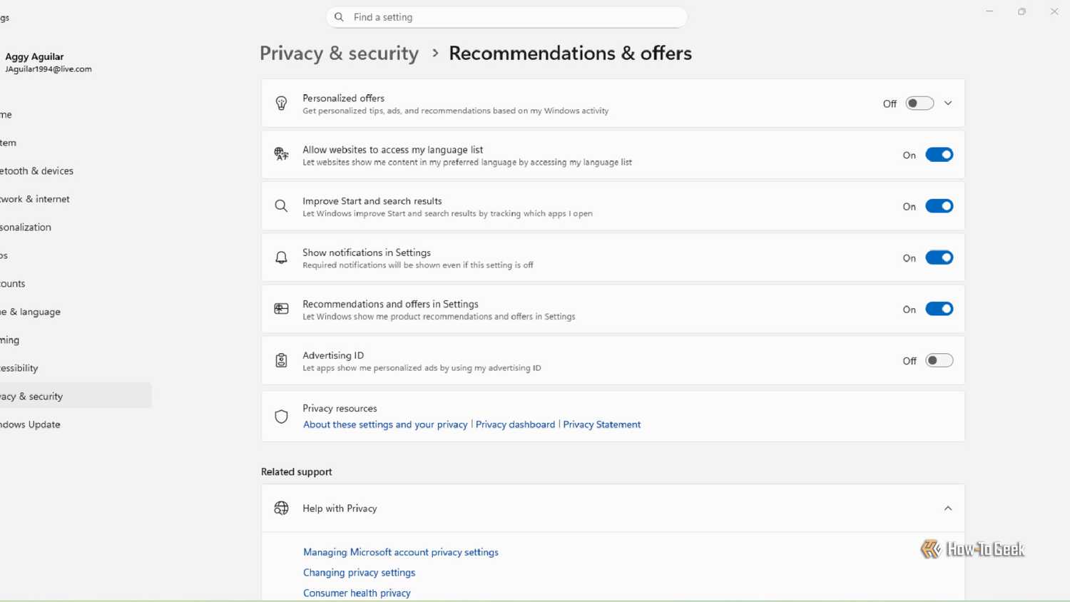 A Windows 11 user going to the settings and then Privacy and Security and then Recommendations and Offers.