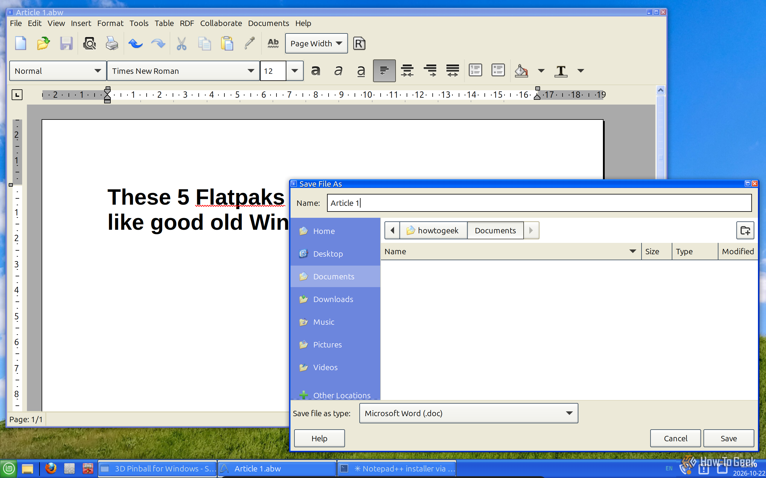 Диалог сохранения файла в формате Microsoft Word в AbiWord