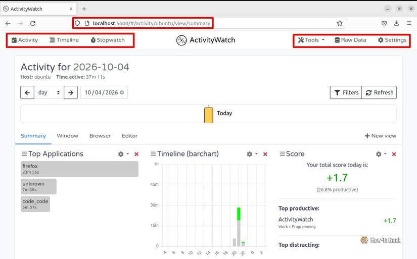 The ActivityWatch dashboard is open in Firefox through its local server on port 5600, displaying top applications, an activity chart, and today’s score.