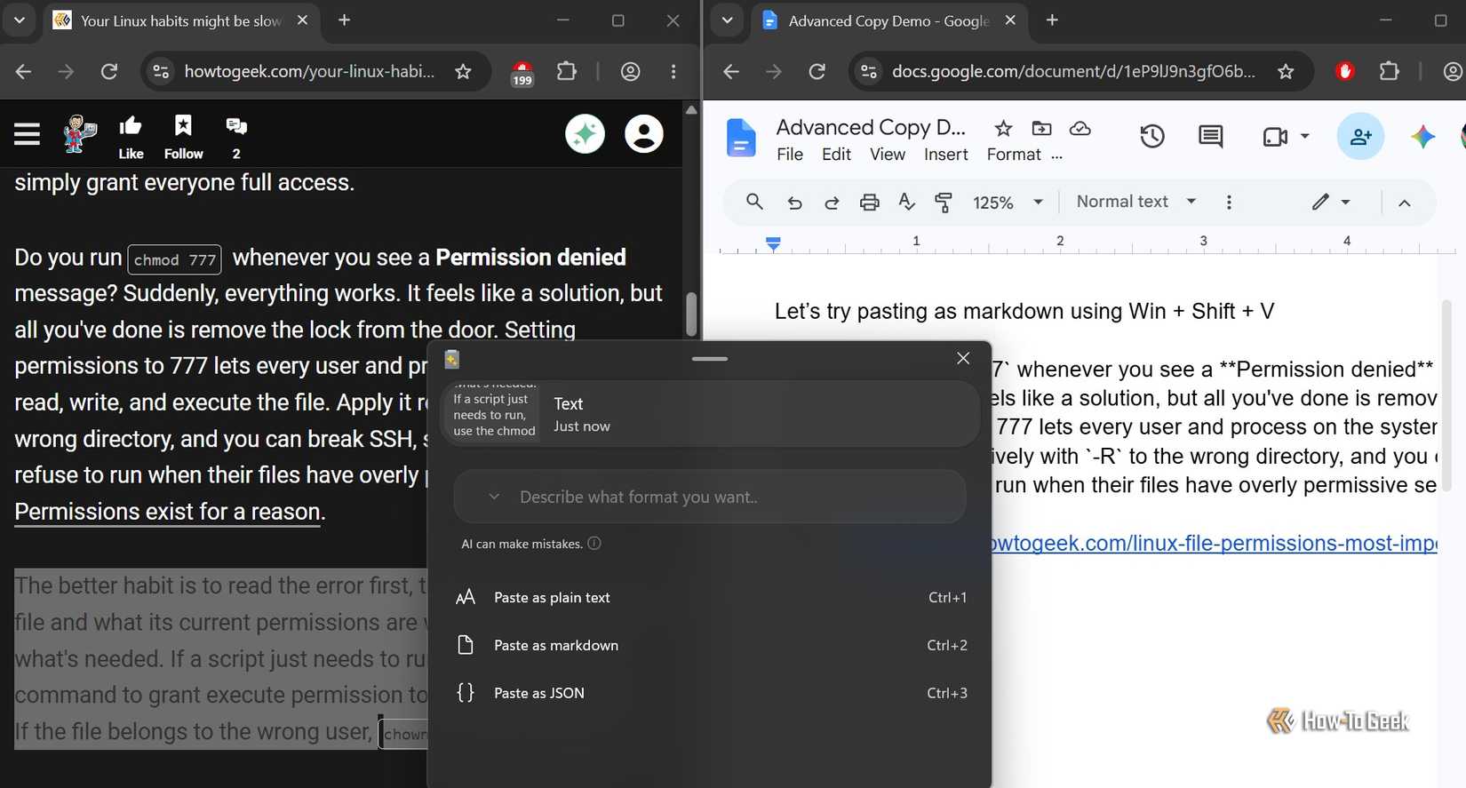 PowerToys Advanced Paste converts a published article into Markdown and pastes it into Google Docs while preserving formatting and hyperlinks.