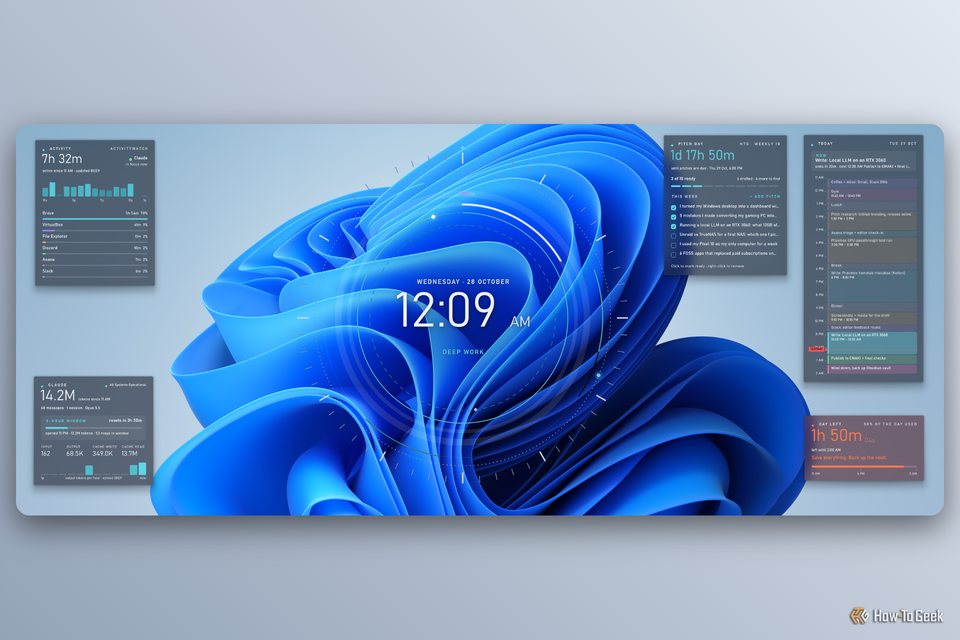 Шесть кастомных виджетов на фоне фирменных обоев Windows 11 Bloom
