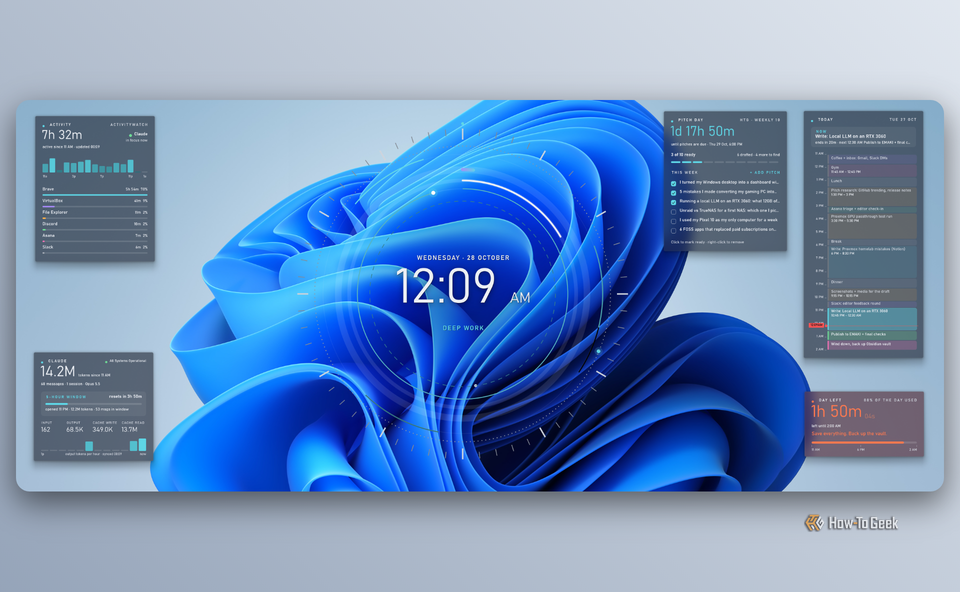 Виджеты Rainmeter на фоне Windows 11 Bloom Шесть кастомных виджетов на фоне фирменных обоев Windows 11 Bloom