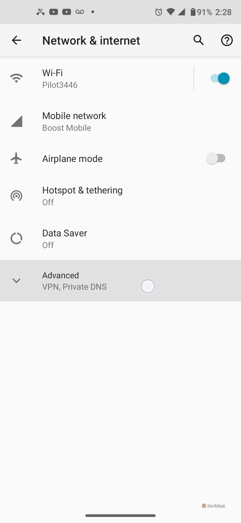 Screenshot of Android showing Network & Internet settings while tapping "Advanced" 