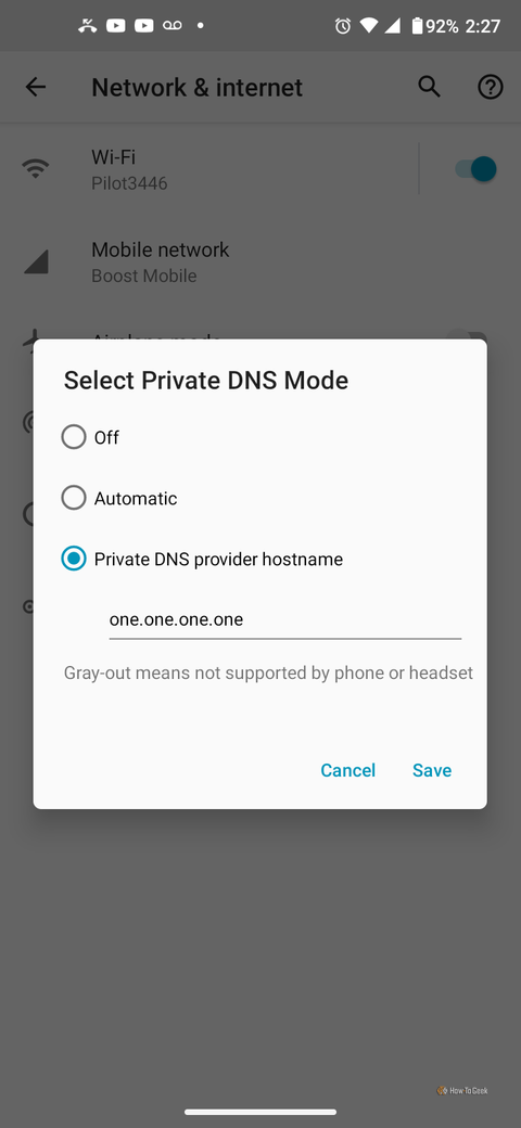 Screenshot on Android showing the "Select Private DNS Mode" settings where the user inserts a hostname for private DNS option