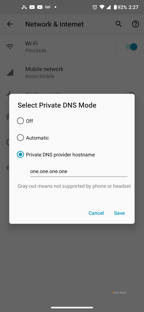 Ввод имени хоста частного DNS-сервера на Android