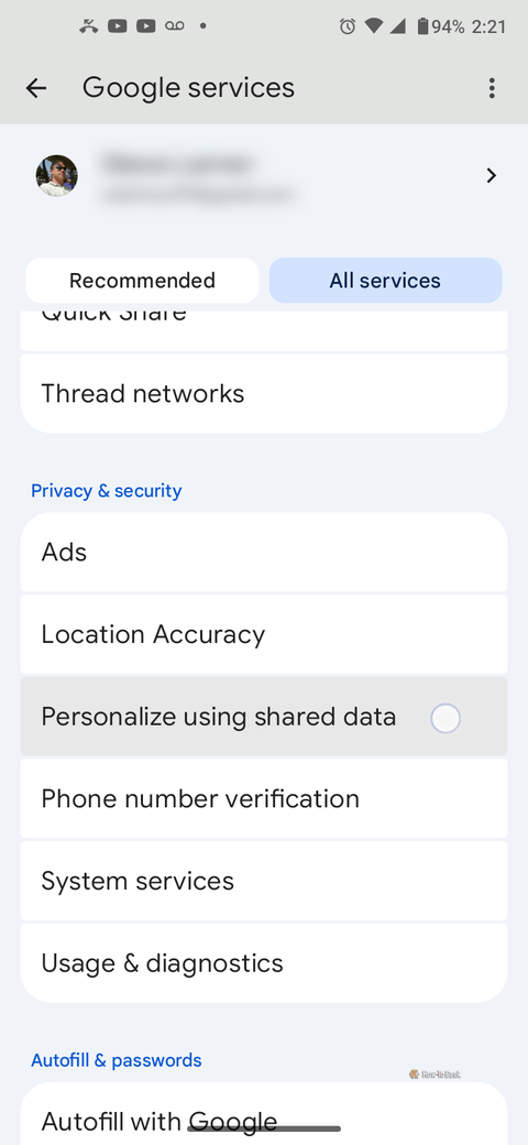 Меню настроек конфиденциальности Google в Android