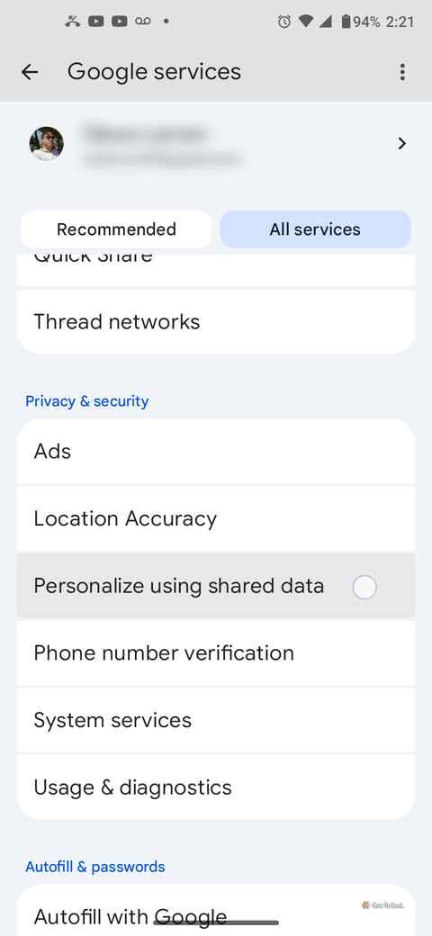 Android screenshot showing the Google services settings while selecting "All services" and tapping "Personalize using shared data."