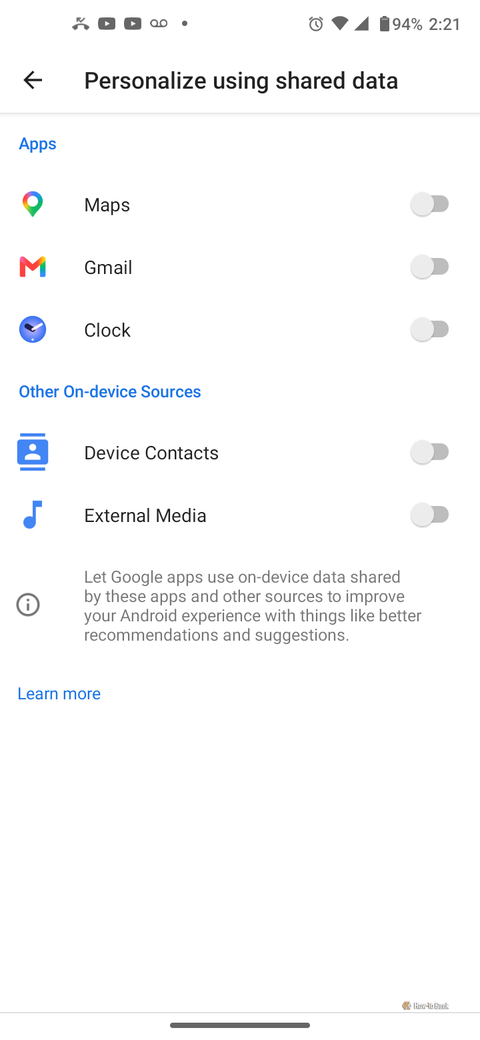 Screenshot on Android showing the "Personalize using shared data" settings where you can turn on/off selected Google apps and on-device sources