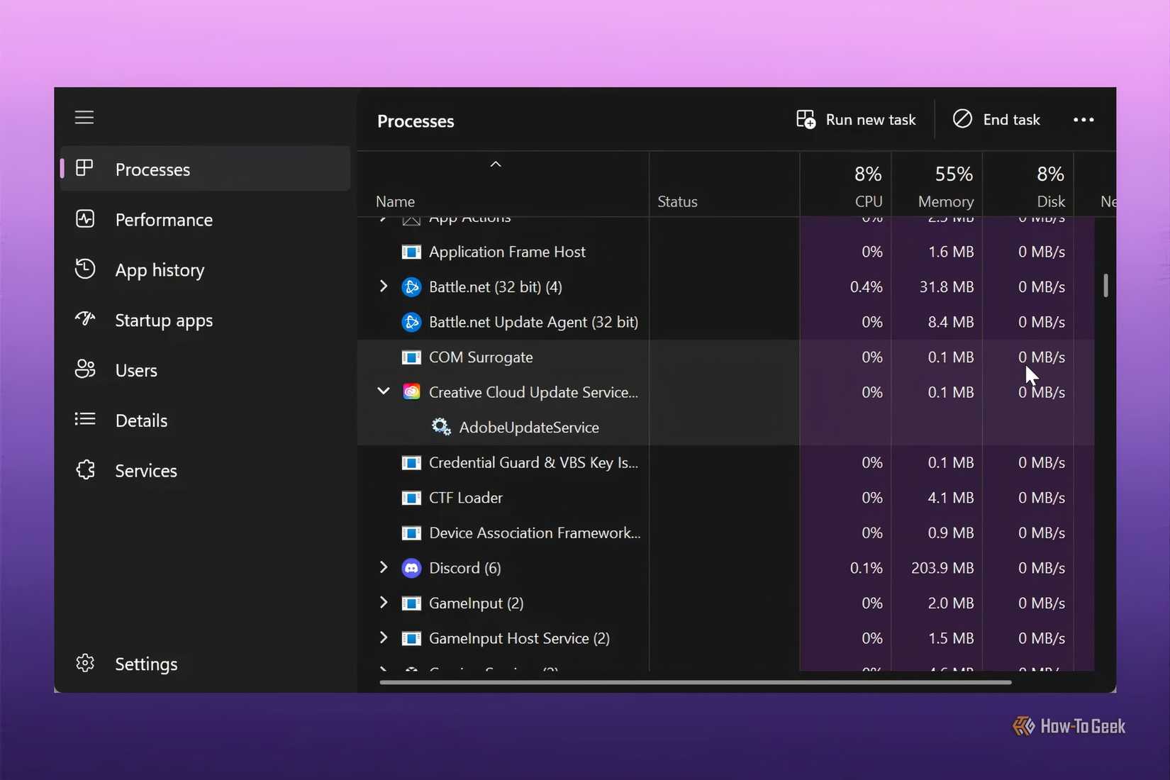 Background services in Windows 11 Task Manager.
