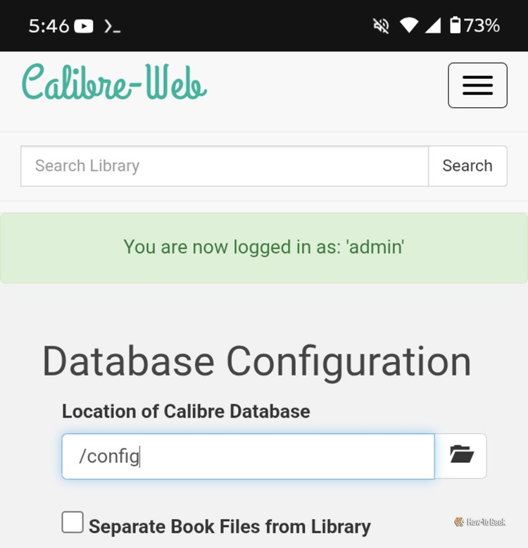 The Calibre-web database on an Android device showing /config in the location of calibre database box.