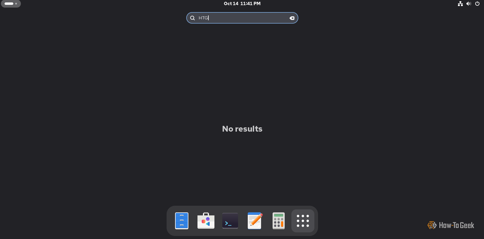 A screenshot of Rocky Linux's search bar returning no results after entering HTG.
