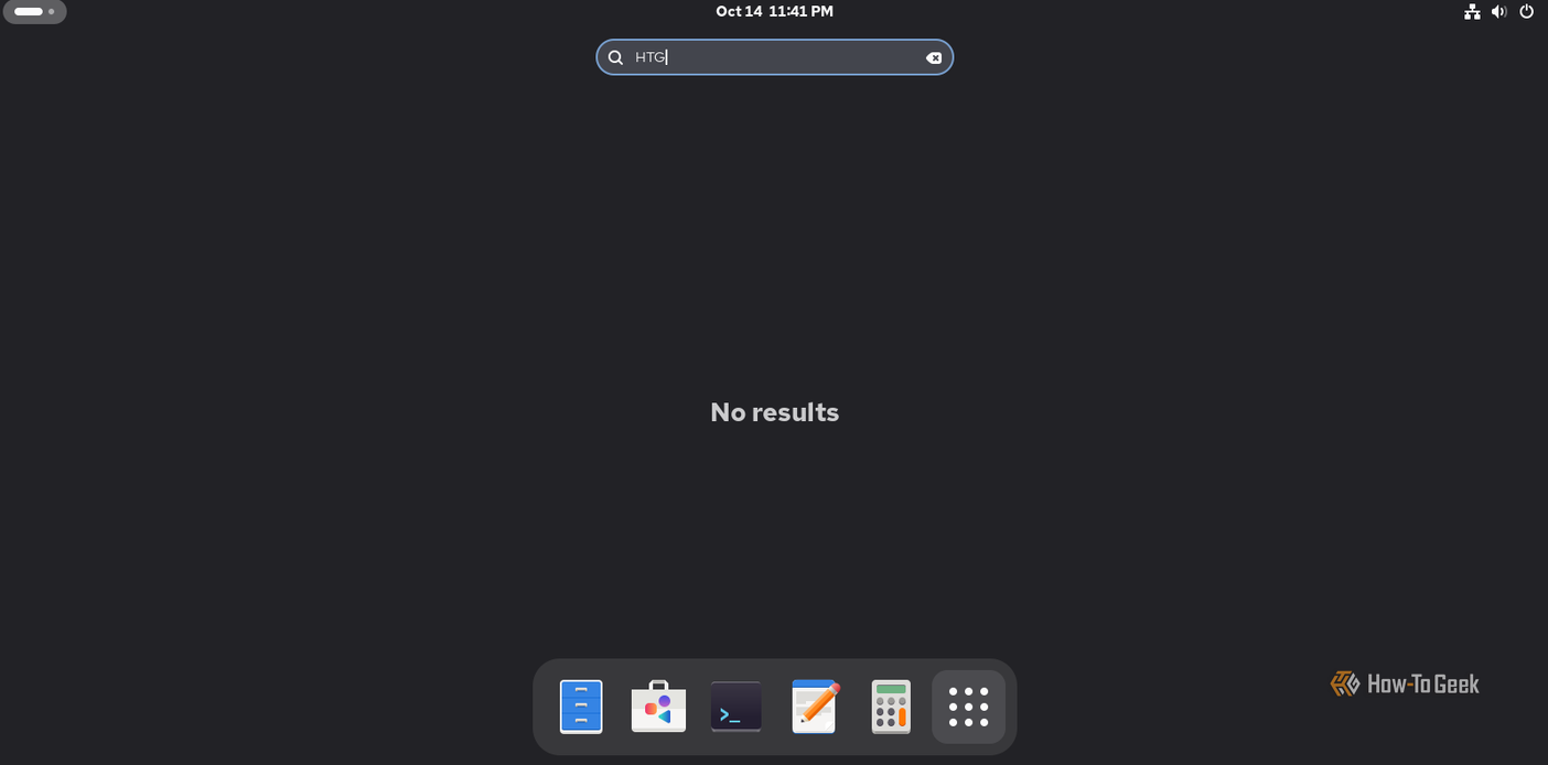 A screenshot of Rocky Linux's search bar returning no results after entering HTG.