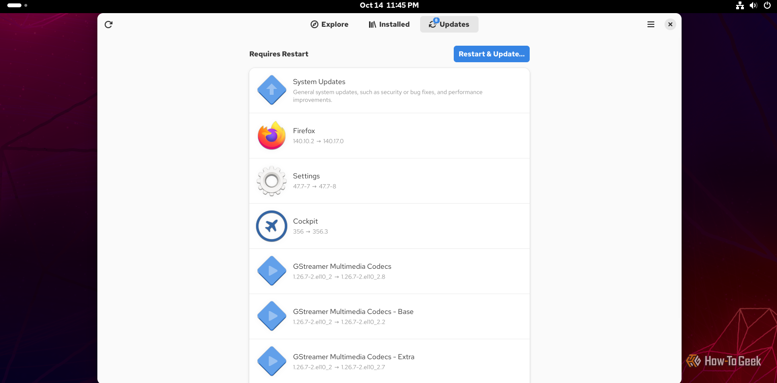 A screenshot of Rocky Linux's update panel.