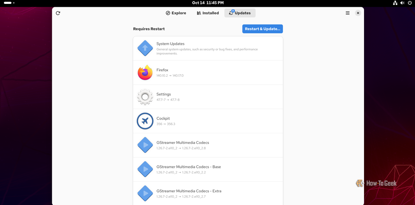 A screenshot of Rocky Linux's update panel.