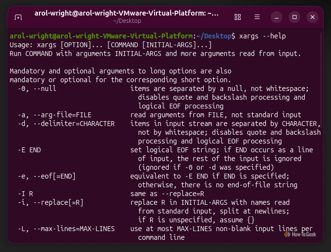 A screenshot of the Linux terminal in Ubuntu showing the xargs command.