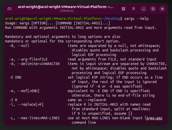 A screenshot of the Linux terminal in Ubuntu showing the xargs command.