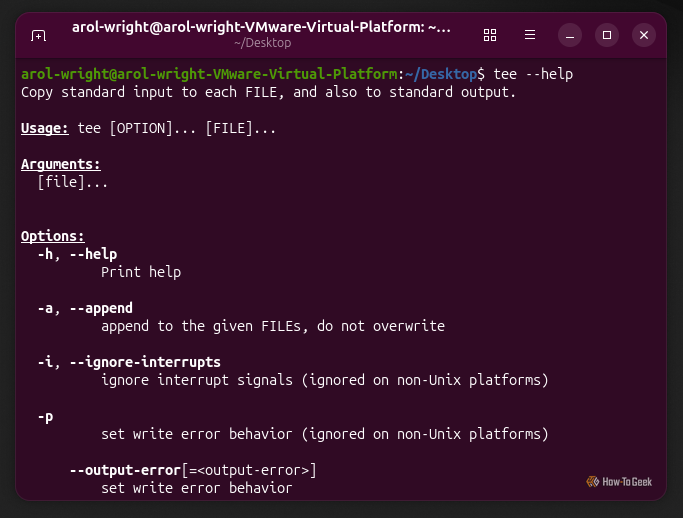 A screenshot of the Linux terminal in Ubuntu showing the tee command.