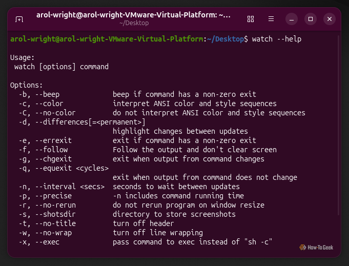 A screenshot of the Linux terminal in Ubuntu showing the watch command.