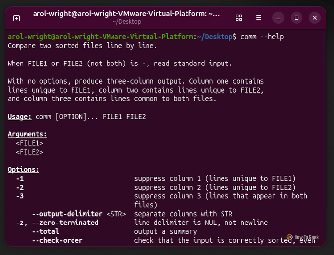 A screenshot of the Linux terminal in Ubuntu showing the comm command.